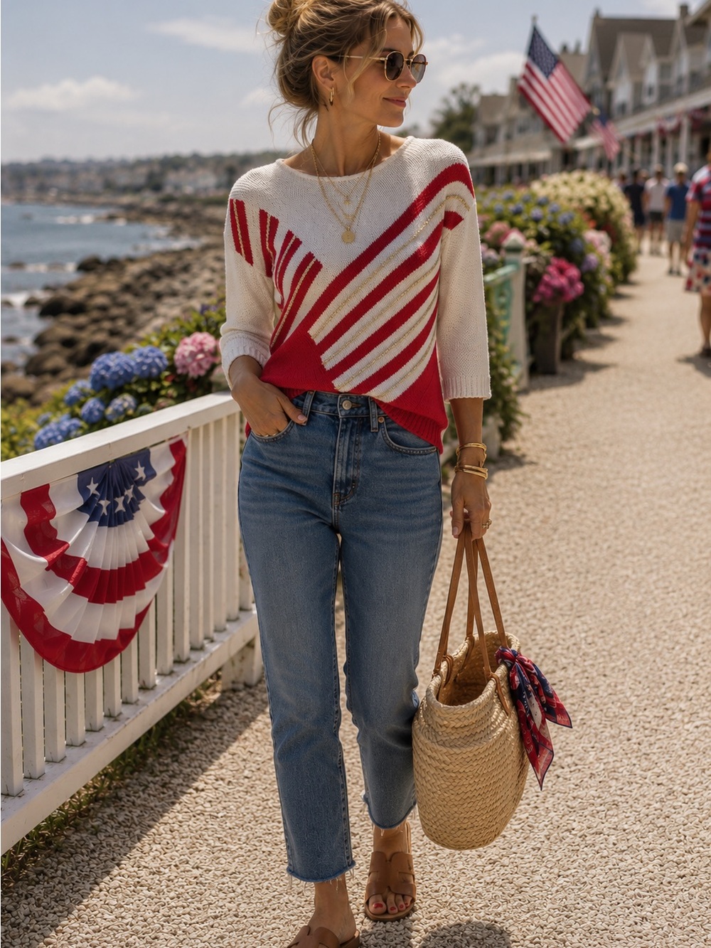 Old Money Coastal Striped Sweater Red White Gold Americana Knit Size S